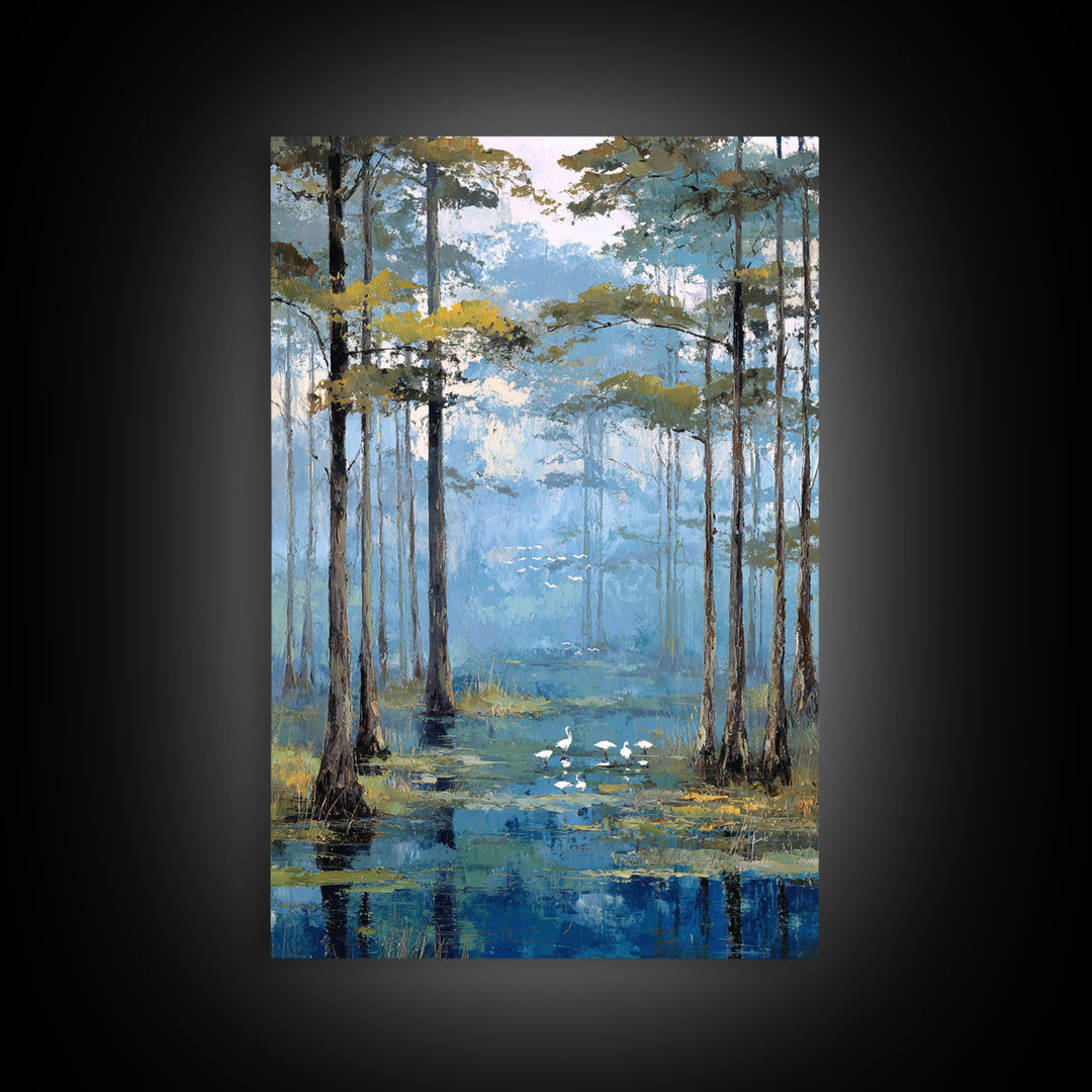 Misty Cypress Swamp Framed Canvas Print, Landscape Art, Minimalist Decor, Living Room Decor, Oil Painting, Horizon, LAN-2x3-30
