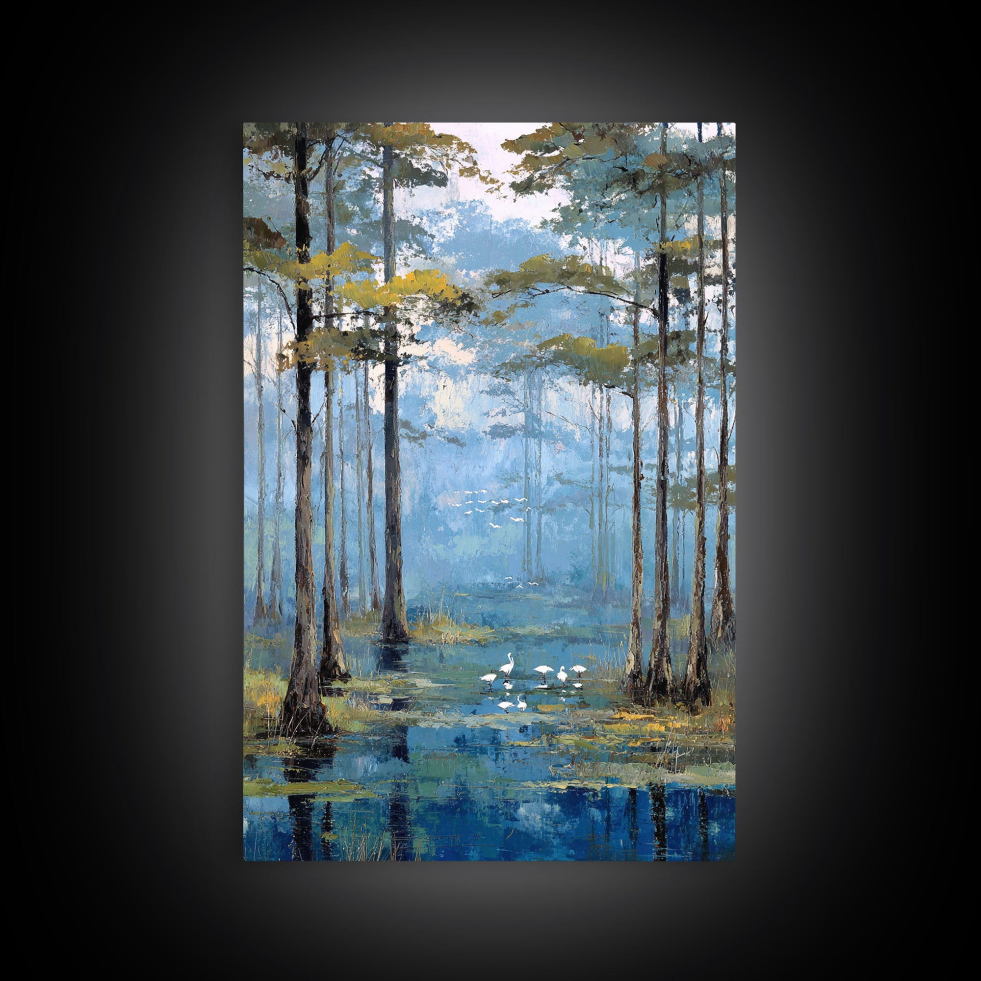 Misty Cypress Swamp Framed Canvas Print, Landscape Art, Minimalist Decor, Living Room Decor, Oil Painting, Horizon, LAN-2x3-30