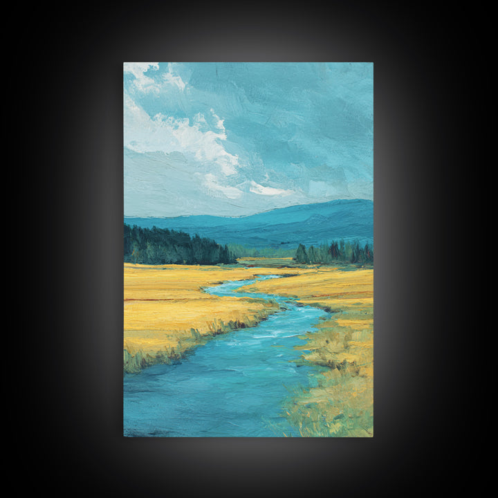 Winding River Through Golden Fields Framed Canvas Print, Landscape Art, Art Prints, Living Room Decor, Fine Art, Horizon, LAN-2x3-34