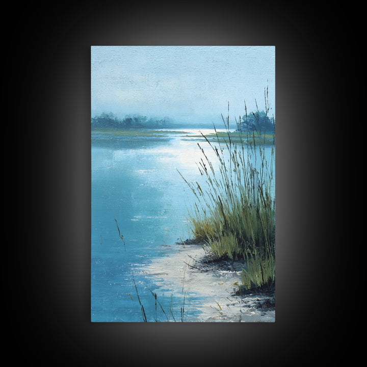 Moonlit River with Silver Reflections Canvas Print, Landscape Art, Original Painting, Living Room Decor, Fine Art, Horizon, LAN-2x3-5