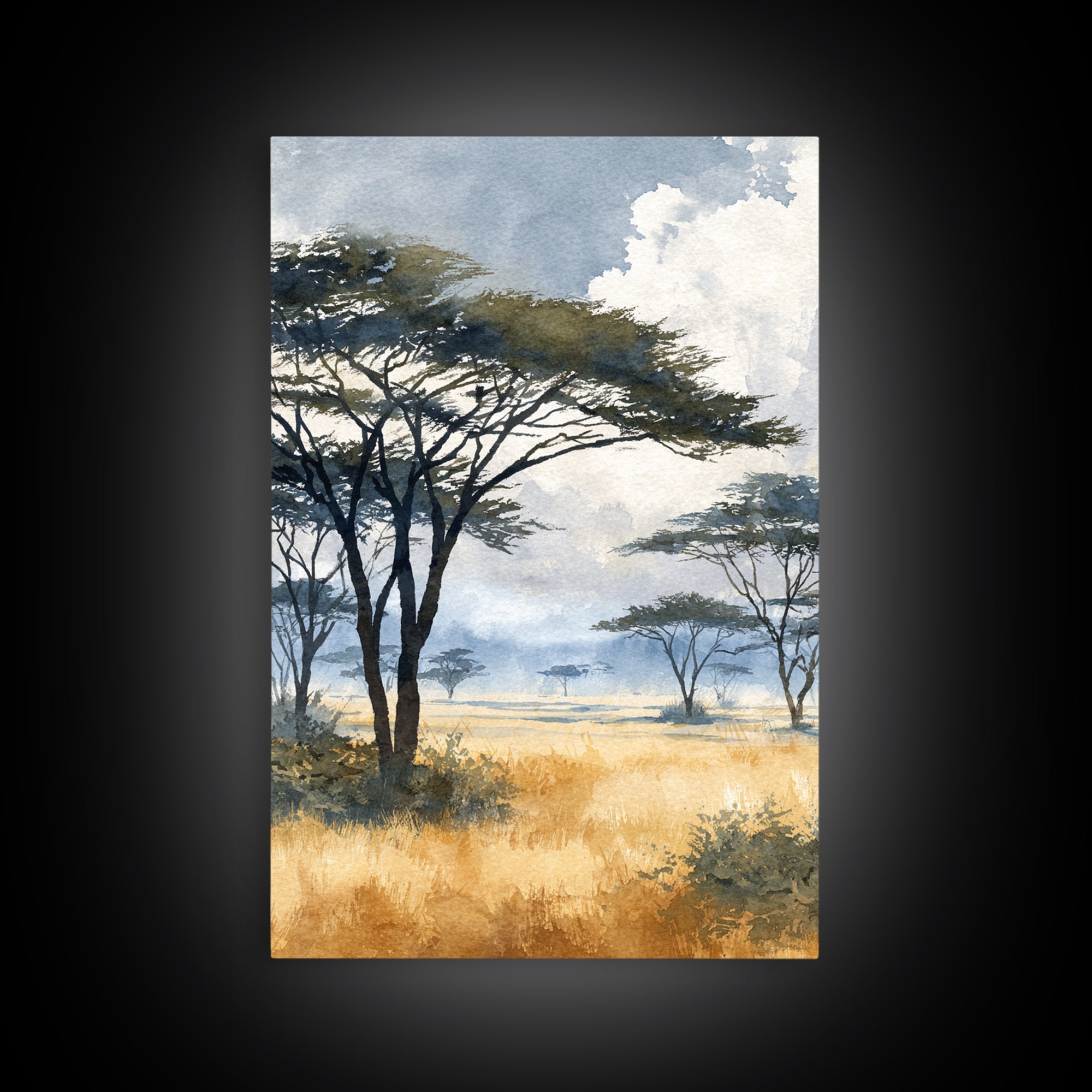 Wide Savanna with Acacia Silhouette Framed Canvas Print, Landscape Art, Digital Art, Living Room Decor, Fine Art, Horizon, LAN-2x3-51