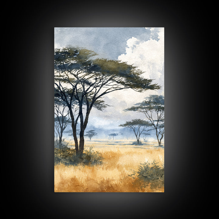 Wide Savanna with Acacia Silhouette Framed Canvas Print, Landscape Art, Digital Art, Living Room Decor, Fine Art, Horizon, LAN-2x3-51