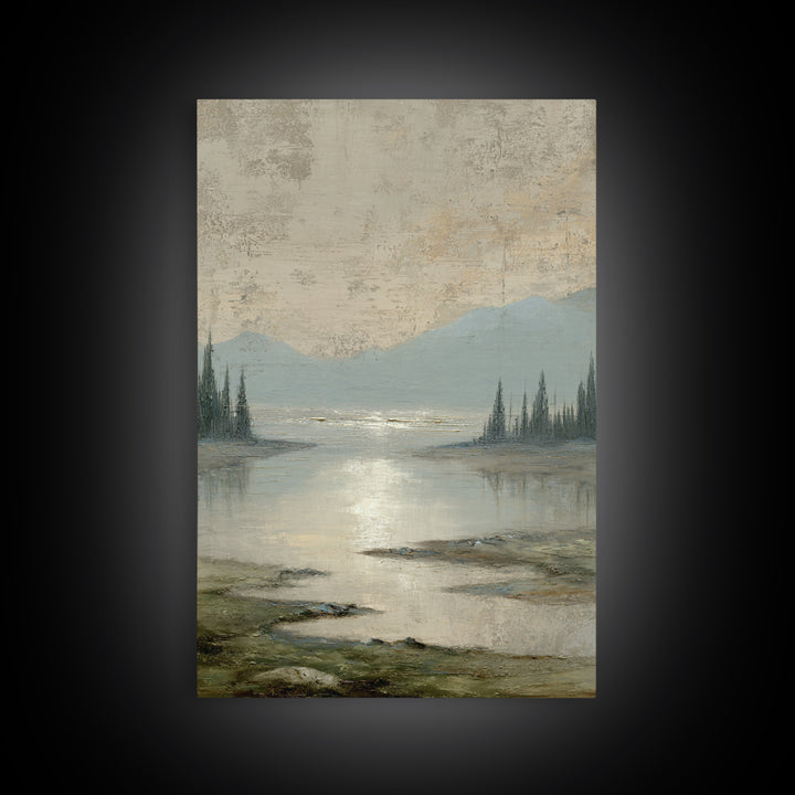 Moonlit River with Silver Reflections Framed Canvas Print, Landscape Art, Digital Print, Living Room Decor, Fine Art, Horizon, LAN-2x3-53