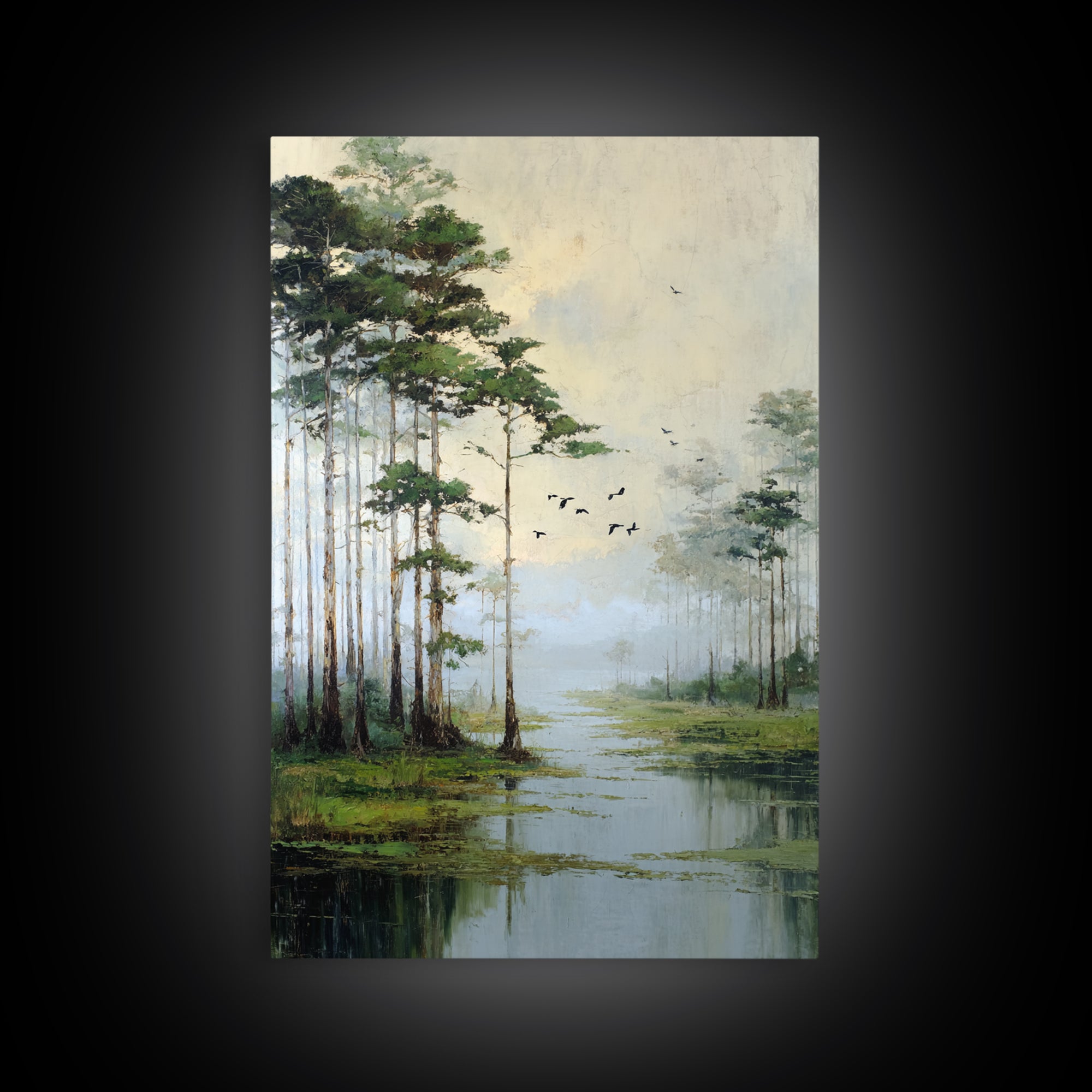 Misty Cypress Swamp Framed Canvas Print, Landscape Art, Minimalist Decor, Living Room Decor, Oil Painting, Horizon, LAN-2x3-6