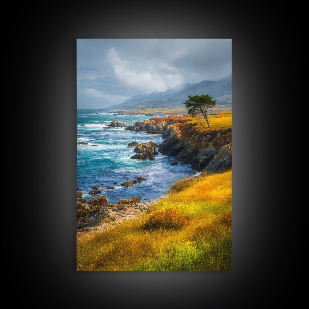 Coastal Cliffs with Crashing Waves Framed Canvas Print, Landscape Art, Art Prints, Living Room Decor, Fine Art, Horizon, LAN-2x3-64
