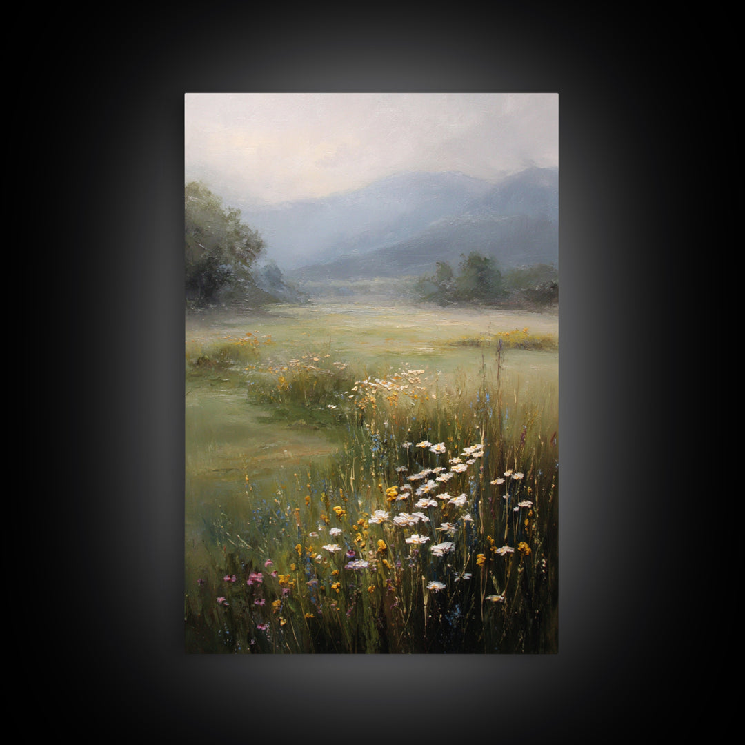 Sunlit Meadow with Wildflowers Framed Canvas Print, Landscape Art, Abstract Wall Art, Living Room Decor, Watercolor Art, LAN-2x3-69