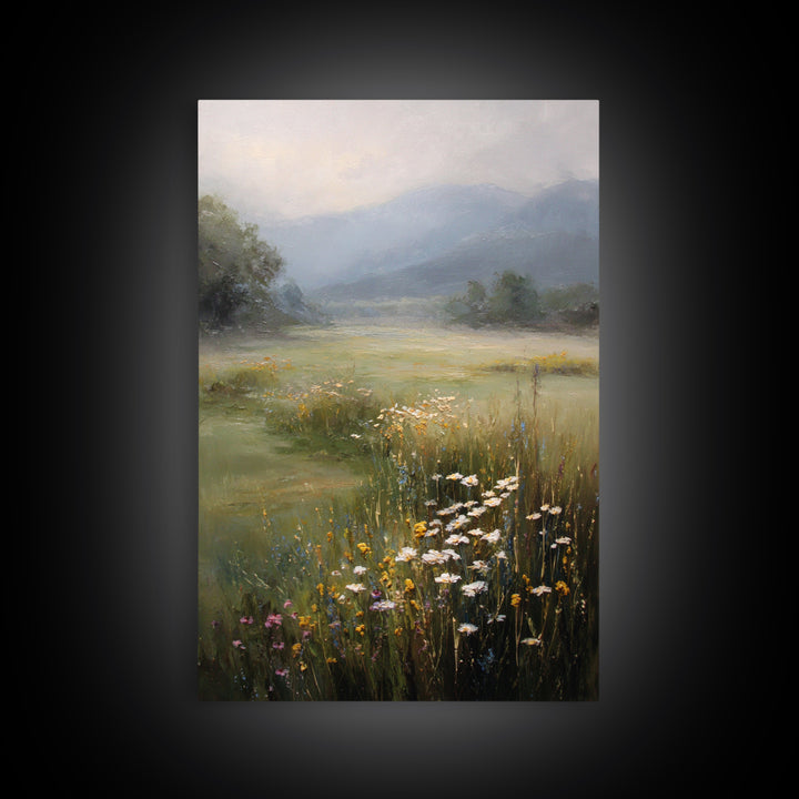 Sunlit Meadow with Wildflowers Framed Canvas Print, Landscape Art, Abstract Wall Art, Living Room Decor, Watercolor Art, LAN-2x3-69