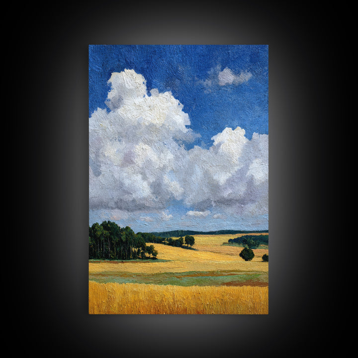 Golden Wheat Field Beneath Huge Clouds Framed Canvas Print, Landscape Art, Original Painting, Living Room Decor, Horizon, LAN-2x3-80