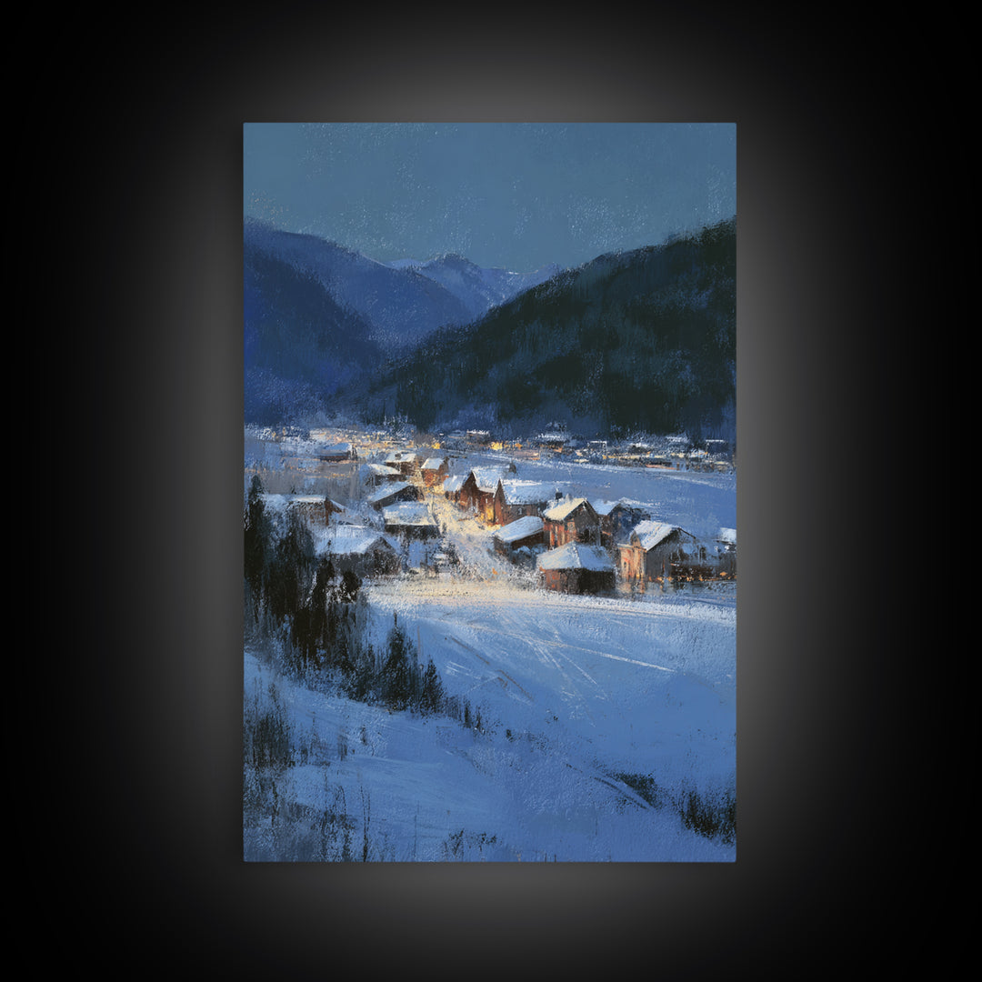 Snow Covered Alpine Village at Dusk Framed Canvas Print, Landscape Art, Living Room Wall Art, Living Room Decor, Oil Painting, LAN-2x3-87