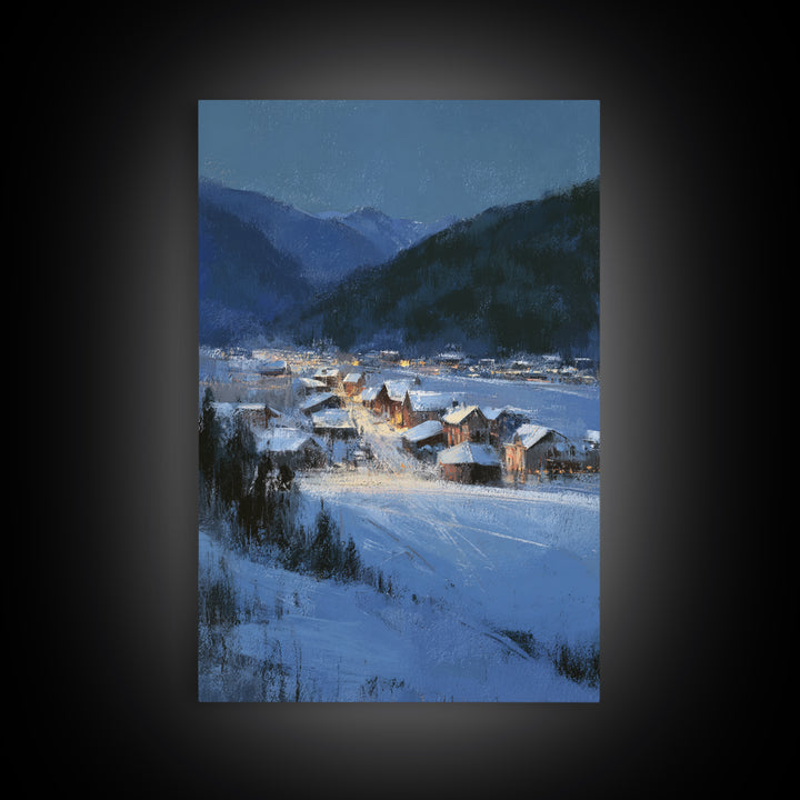 Snow Covered Alpine Village at Dusk Framed Canvas Print, Landscape Art, Living Room Wall Art, Living Room Decor, Oil Painting, LAN-2x3-87
