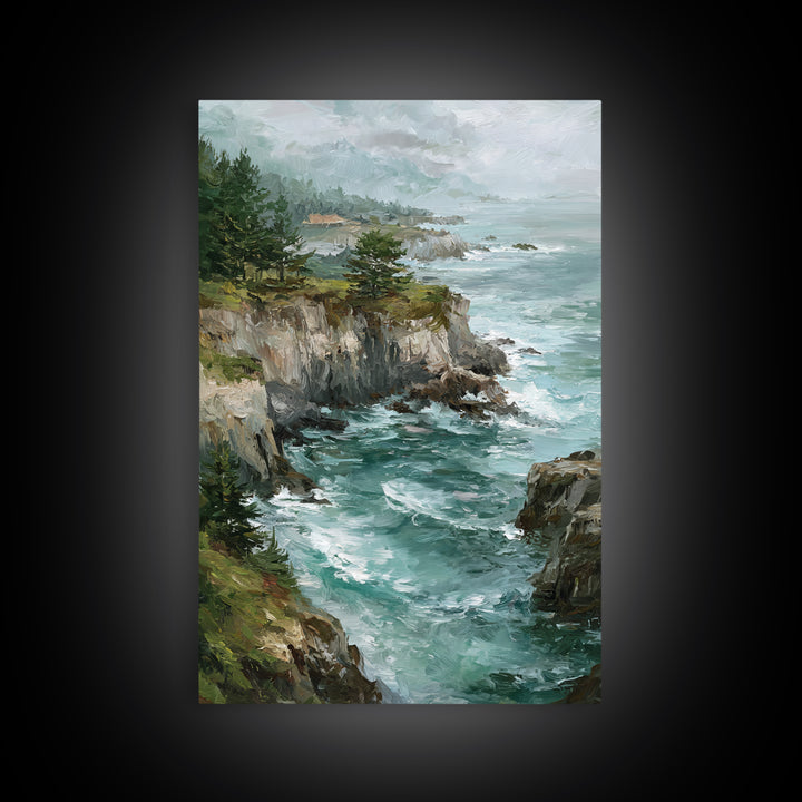 Coastal Cliffs with Crashing Waves Framed Canvas Print, Landscape Art, Farmhouse Decor, Living Room Decor, Fine Art, Horizon, LAN-2x3-88