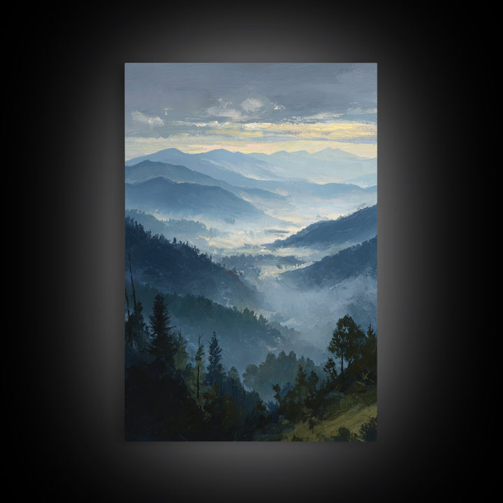 Misty Mountain Valley at Sunrise Canvas Print, Landscape Art, Digital Wall Art, Living Room Decor, Fine Art, Horizon, LAN-2x3-9