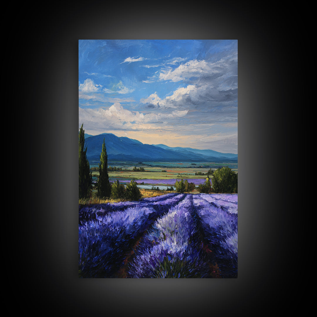 Lavender Field Leading to Distant Hills Framed Canvas Print, Landscape Art, Framed Wall Art, Living Room Decor, Oil Painting, LAN-2x3-90