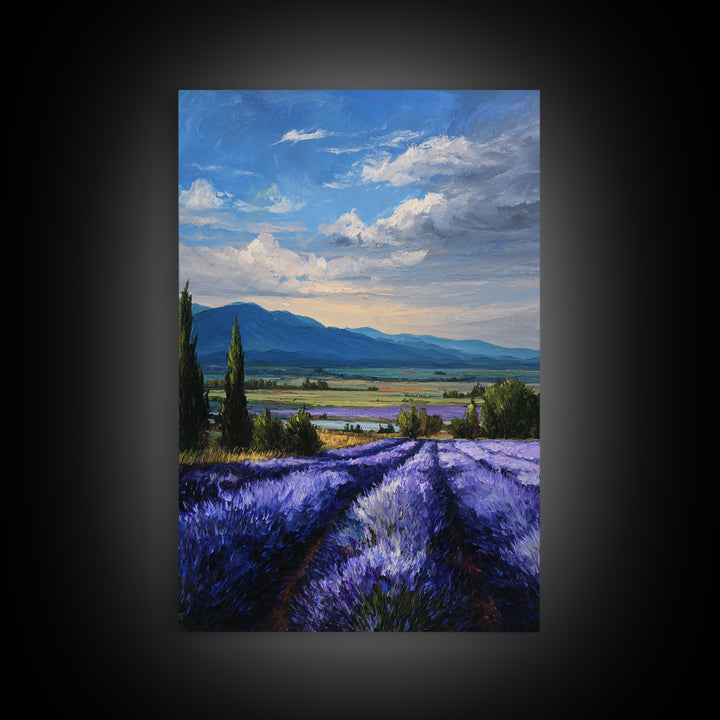Lavender Field Leading to Distant Hills Framed Canvas Print, Landscape Art, Framed Wall Art, Living Room Decor, Oil Painting, LAN-2x3-90
