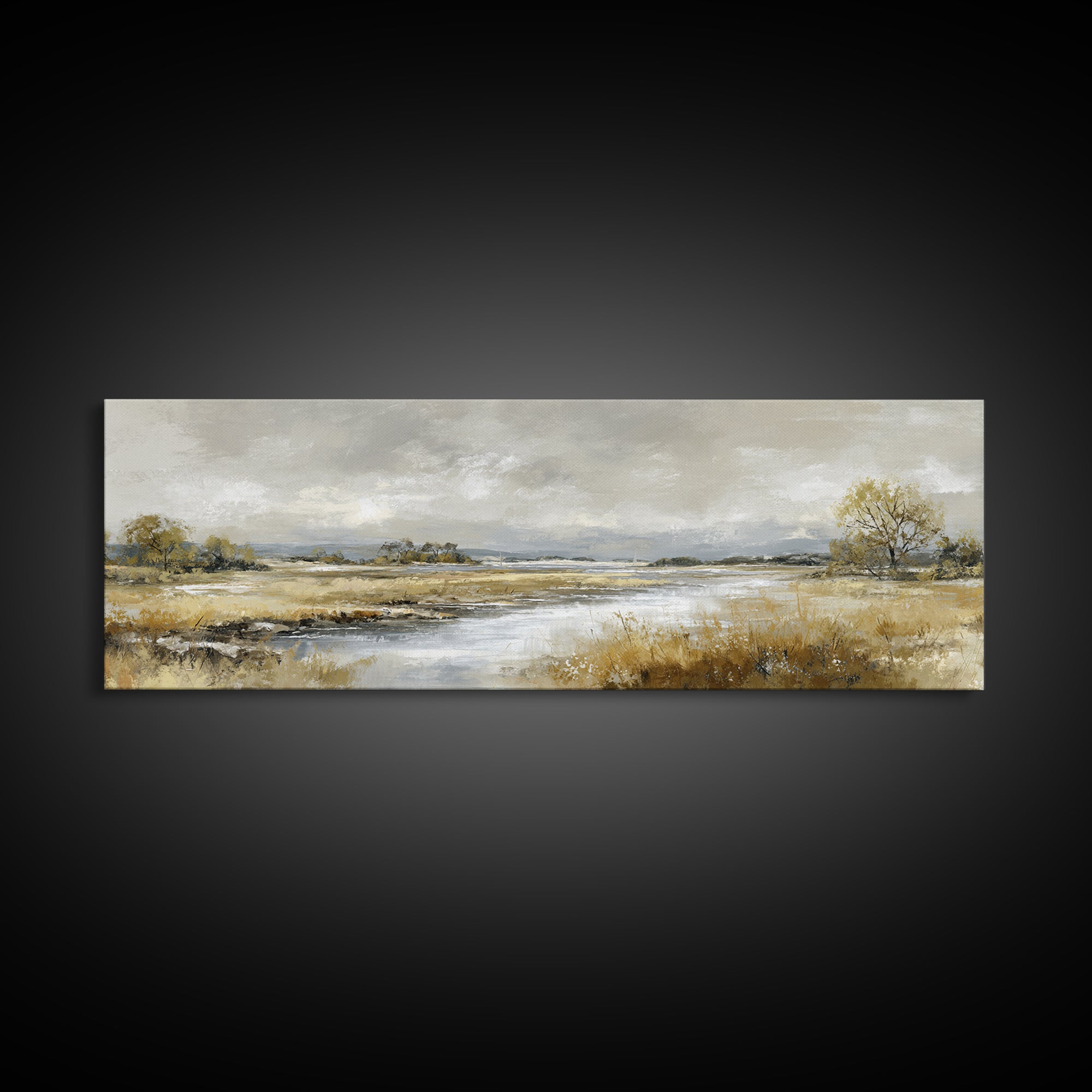Moonlit River with Silver Reflections Canvas Print, Landscape Art, Living Room Decor, Oil Painting, Horizon, Modern Art, LAN-3x1-13