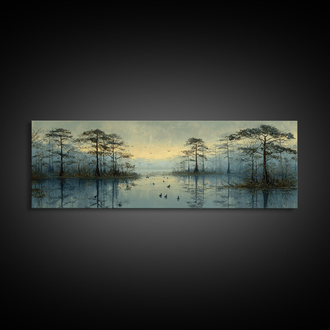 Misty Cypress Swamp Canvas Print, Landscape Art, Modern Decor, Living Room Decor, Fine Art, Horizon, Wall Decor, Digital Prints, LAN-3x1-14