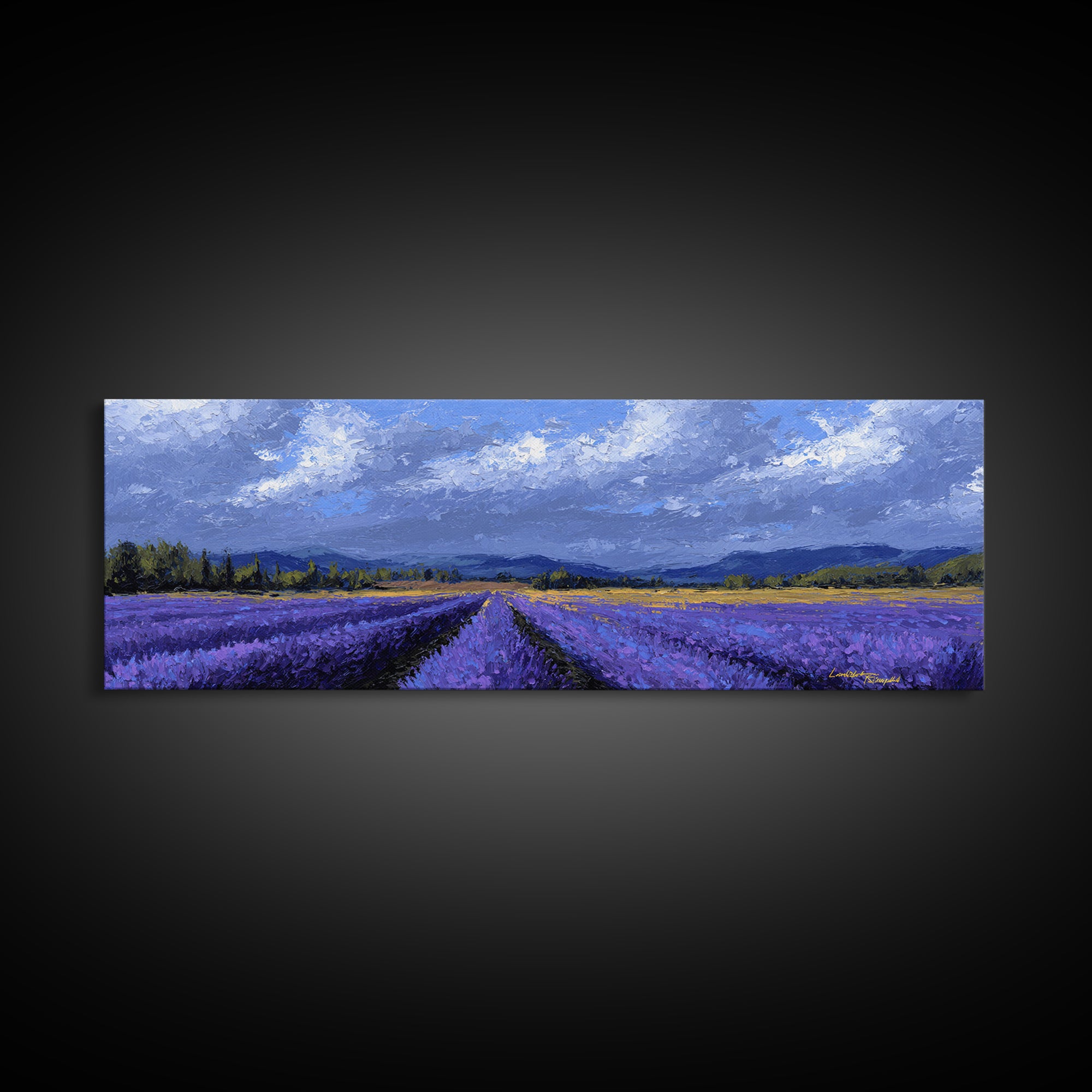 Lavender Field Leading to Distant Hills Framed Canvas Print, Landscape Art, Digital Wall Art, Living Room Decor, Horizon, LAN-3x1-2