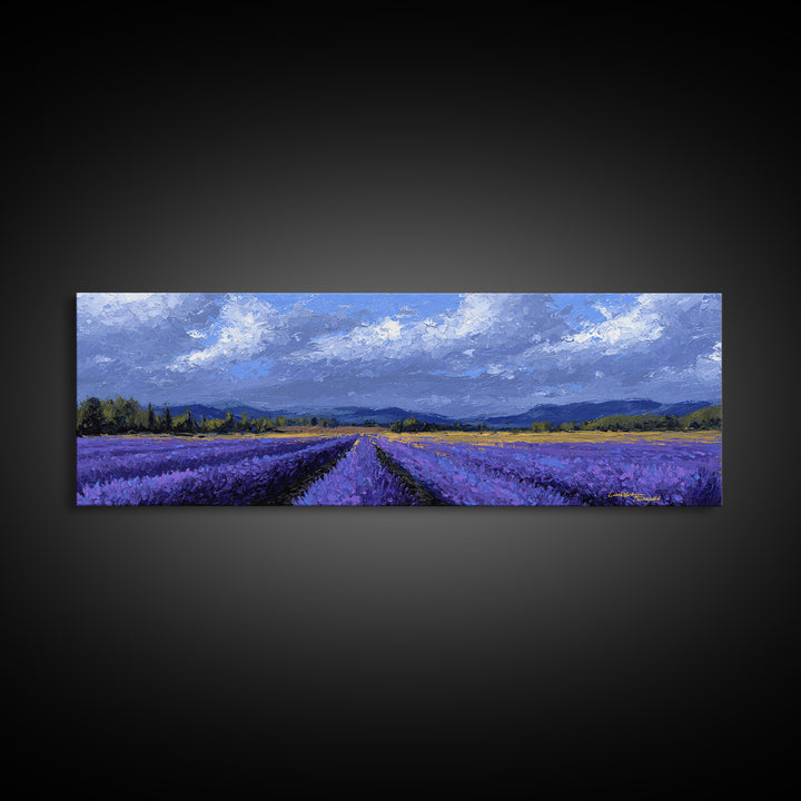 Lavender Field Leading to Distant Hills Framed Canvas Print, Landscape Art, Digital Wall Art, Living Room Decor, Horizon, LAN-3x1-2