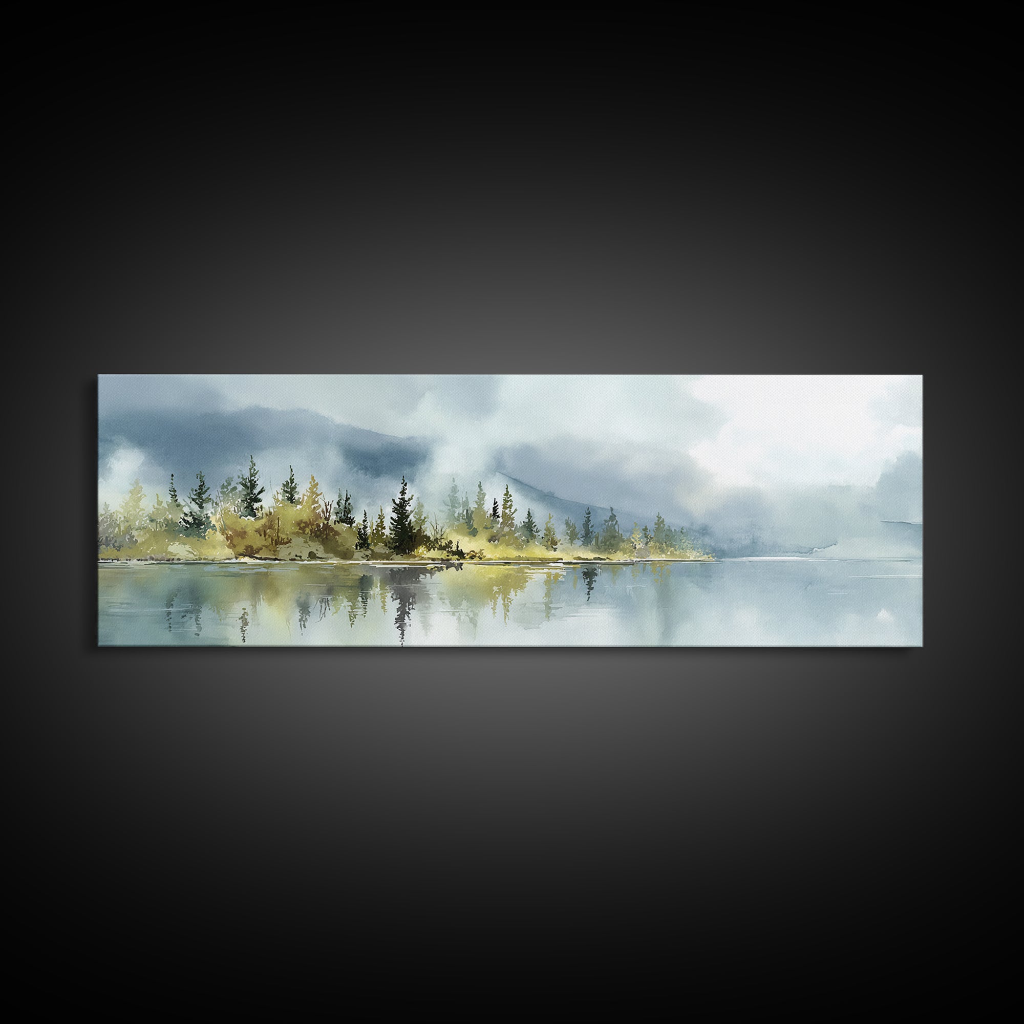 Quiet Lake Reflecting Pine Forest Canvas Print, Landscape Art, Living Room Wall Art, Living Room Decor, Oil Painting, Horizon, LAN-3x1-20