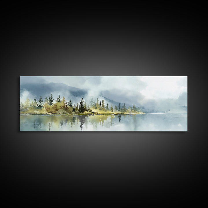 Quiet Lake Reflecting Pine Forest Canvas Print, Landscape Art, Living Room Wall Art, Living Room Decor, Oil Painting, Horizon, LAN-3x1-20