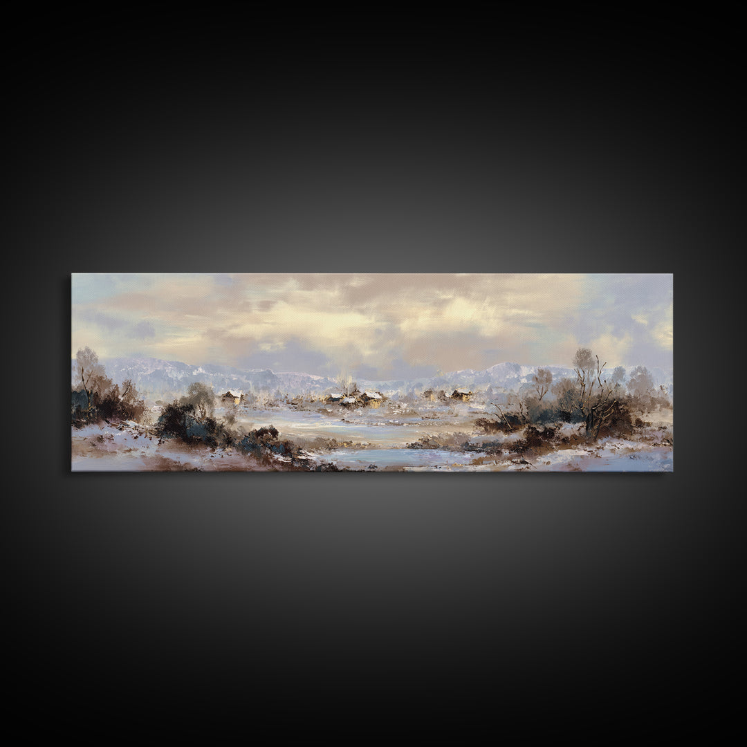 Snow Covered Alpine Village at Dusk Framed Canvas Print, Landscape Art, Room Decor, Living Room Decor, Fine Art, Horizon, LAN-3x1-23