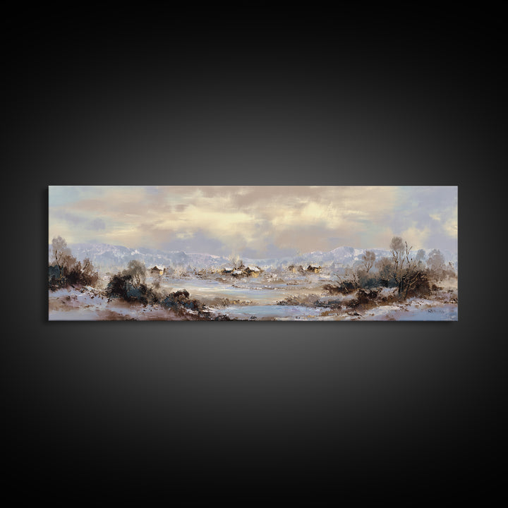 Snow Covered Alpine Village at Dusk Framed Canvas Print, Landscape Art, Room Decor, Living Room Decor, Fine Art, Horizon, LAN-3x1-23