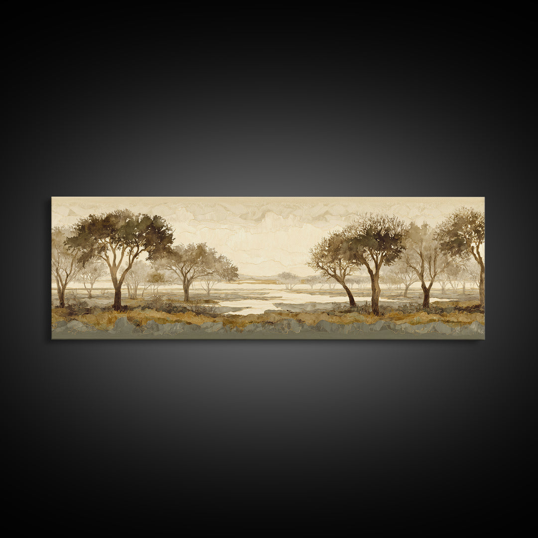 Wide Savanna with Acacia Silhouette Canvas Print, Landscape Art, Minimalist Decor, Living Room Decor, Oil Painting, Horizon, LAN-3x1-35