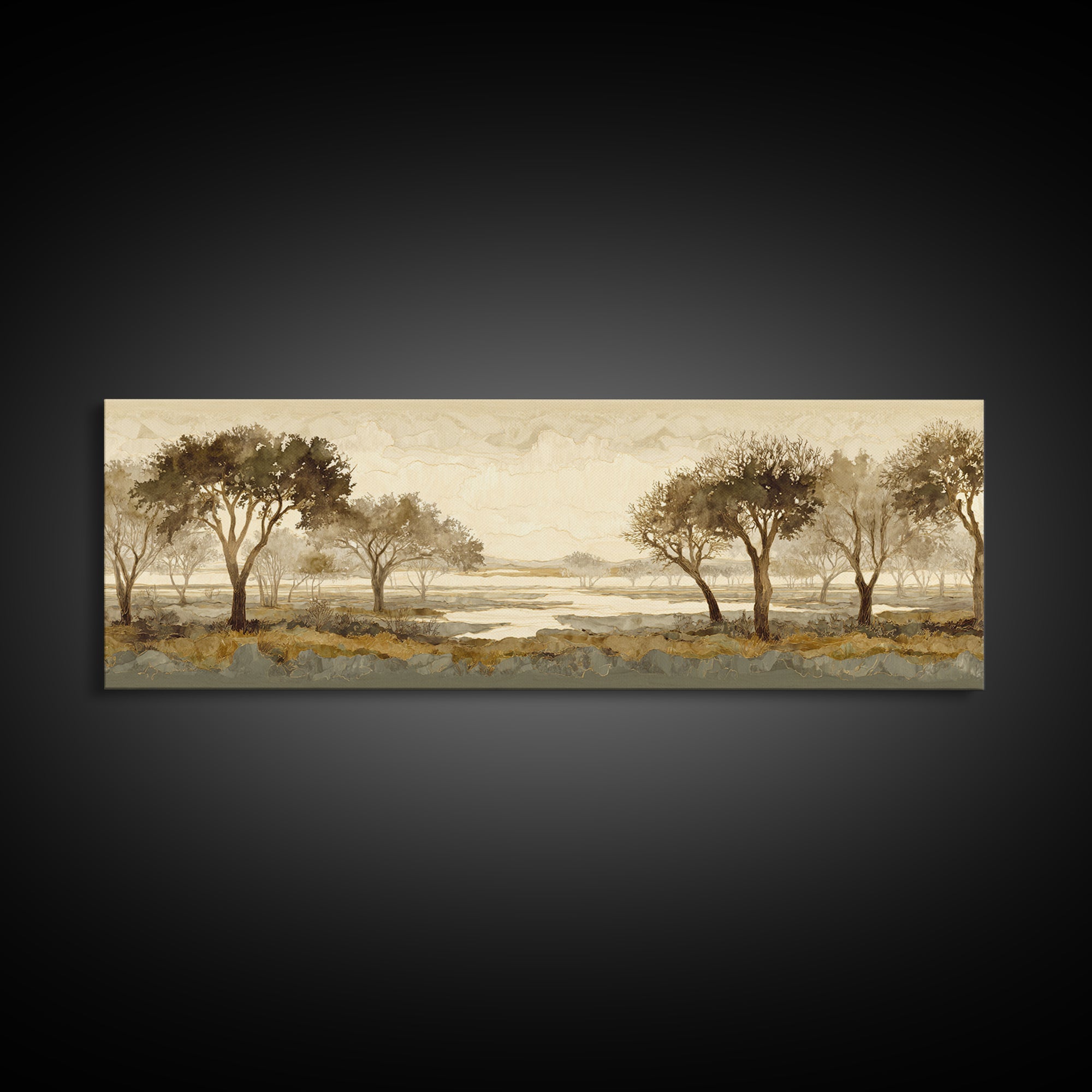 Wide Savanna with Acacia Silhouette Canvas Print, Landscape Art, Minimalist Decor, Living Room Decor, Oil Painting, Horizon, LAN-3x1-35