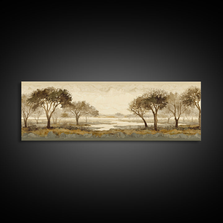 Wide Savanna with Acacia Silhouette Canvas Print, Landscape Art, Minimalist Decor, Living Room Decor, Oil Painting, Horizon, LAN-3x1-35