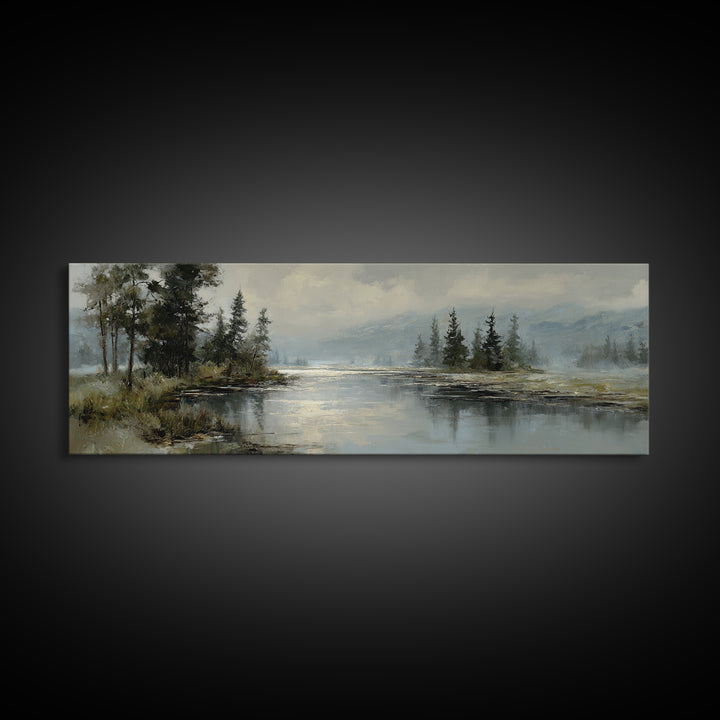 Moonlit River with Silver Reflections Framed Canvas Print, Landscape Art, Wall Art Print, Living Room Decor, Fine Art, Horizon, LAN-3x1-37
