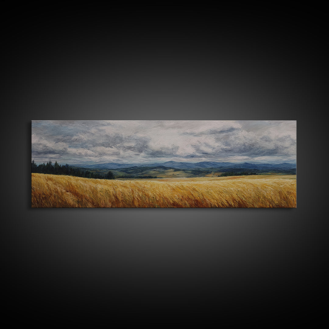 Golden Wheat Field Beneath Huge Clouds Canvas Print, Landscape Art, Neutral Decor, Living Room Decor, Oil Painting, Horizon, LAN-3x1-40