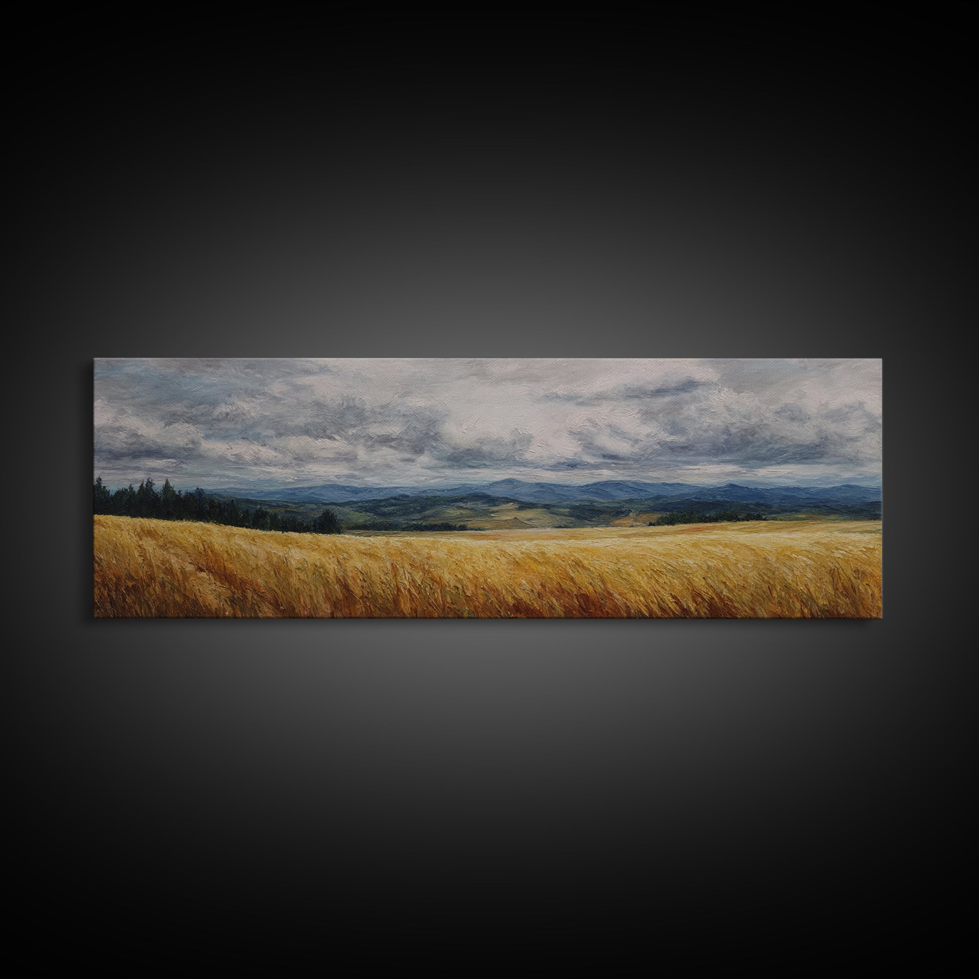 Golden Wheat Field Beneath Huge Clouds Canvas Print, Landscape Art, Neutral Decor, Living Room Decor, Oil Painting, Horizon, LAN-3x1-40