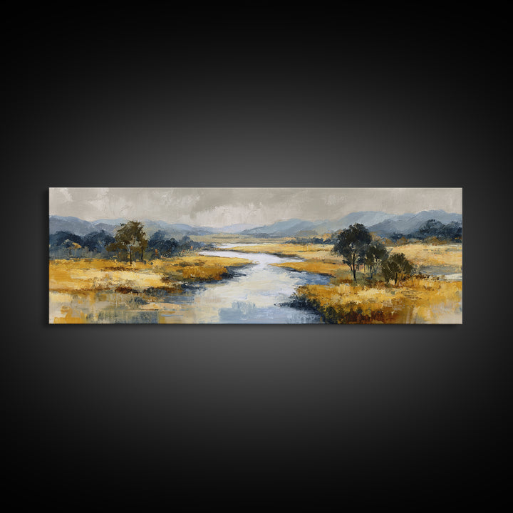 Winding River Through Golden Fields Canvas Print, Landscape Art, Boho Wall Art, Living Room Decor, Fine Art, Horizon, LAN-3x1-42