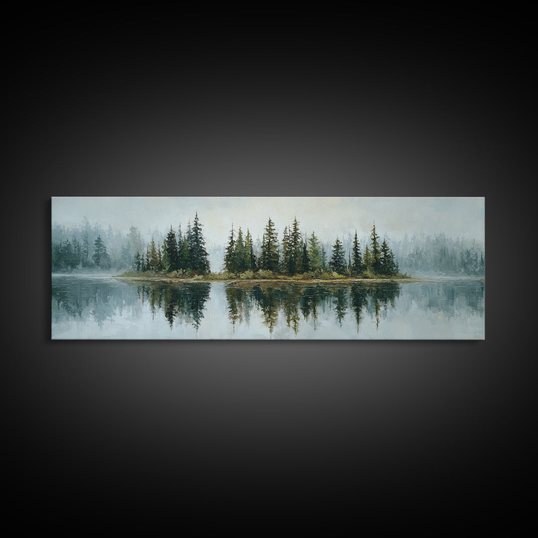 Quiet Lake Reflecting Pine Forest Framed Canvas Print, Landscape Art, Modern Decor, Living Room Decor, Fine Art, Horizon, LAN-3x1-44