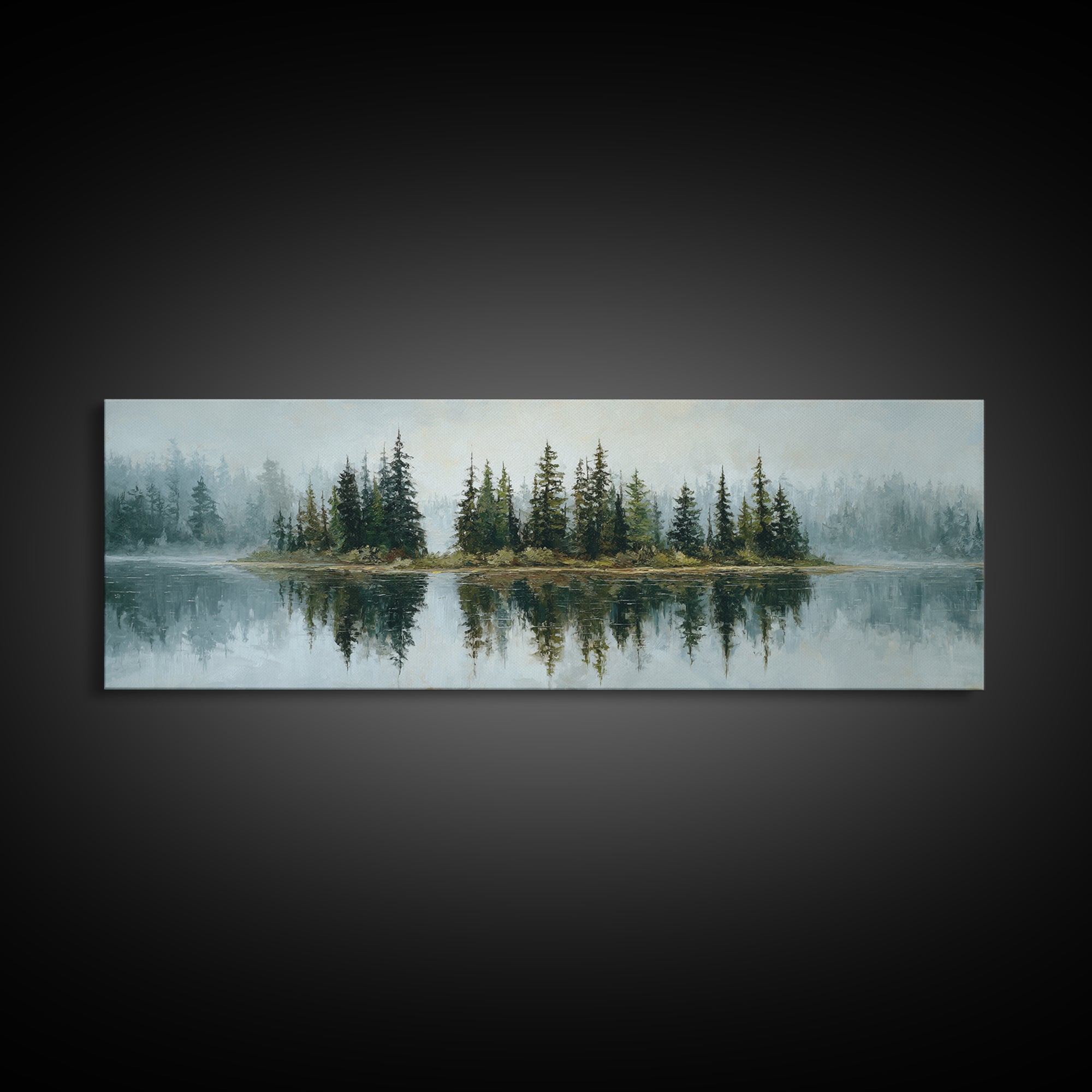 Quiet Lake Reflecting Pine Forest Framed Canvas Print, Landscape Art, Modern Decor, Living Room Decor, Fine Art, Horizon, LAN-3x1-44