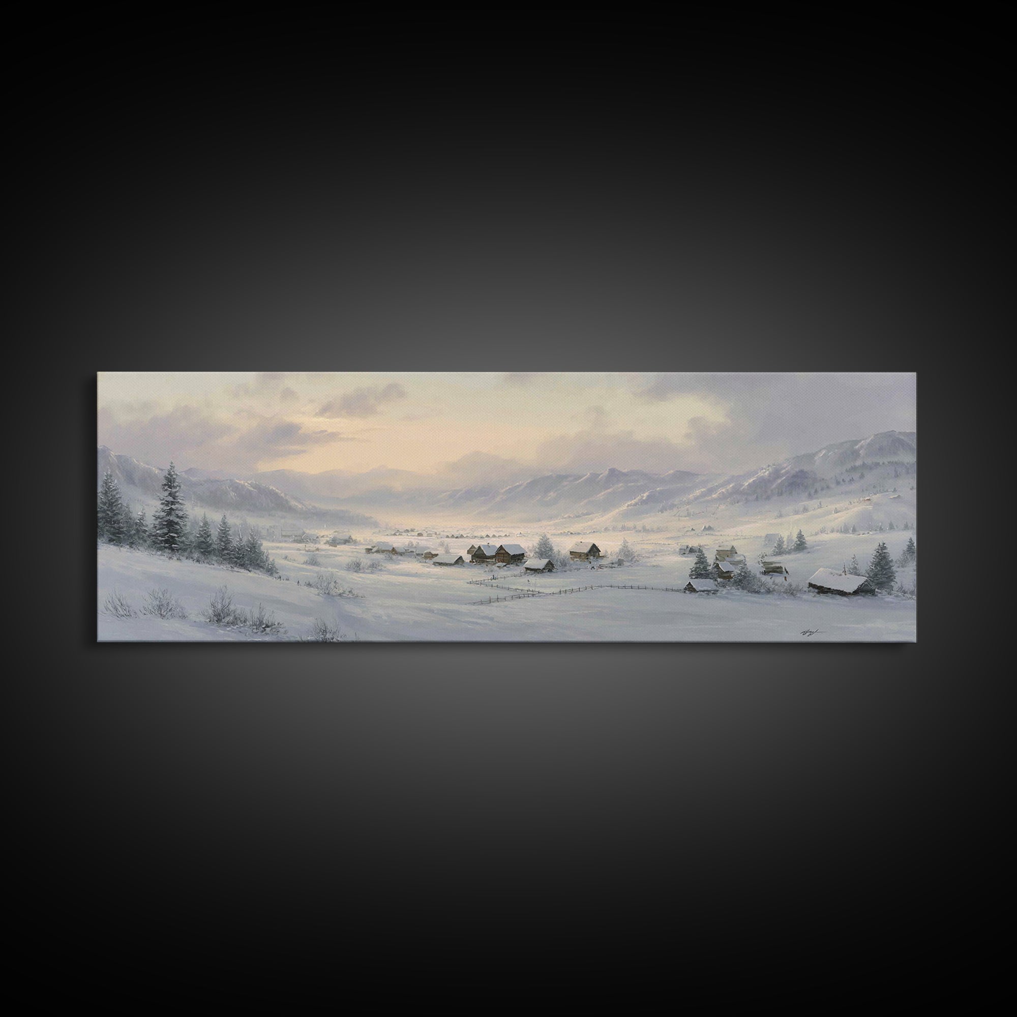 Snow Covered Alpine Village at Dusk Framed Canvas Print, Landscape Art, Digital Art, Living Room Decor, Fine Art, Horizon, LAN-3x1-47