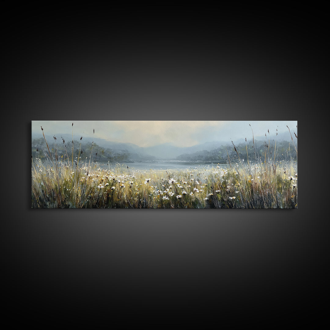Sunlit Meadow with Wildflowers Framed Canvas Print, Landscape Art, Living Room Wall Art, Living Room Decor, Oil Painting, LAN-3x1-53
