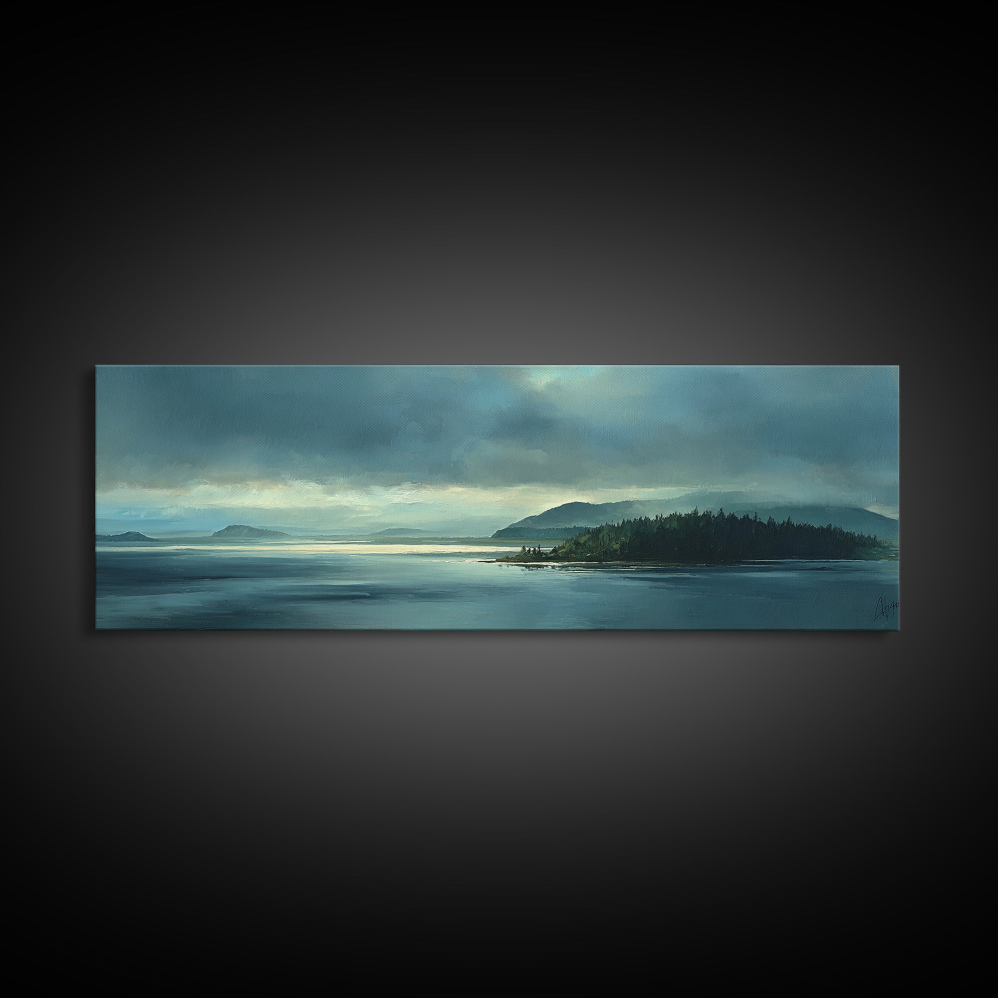 Fjord Landscape with Icy Blue Water Framed Canvas Print, Landscape Art, Decor, Living Room Decor, Oil Painting, Horizon, LAN-3x1-55