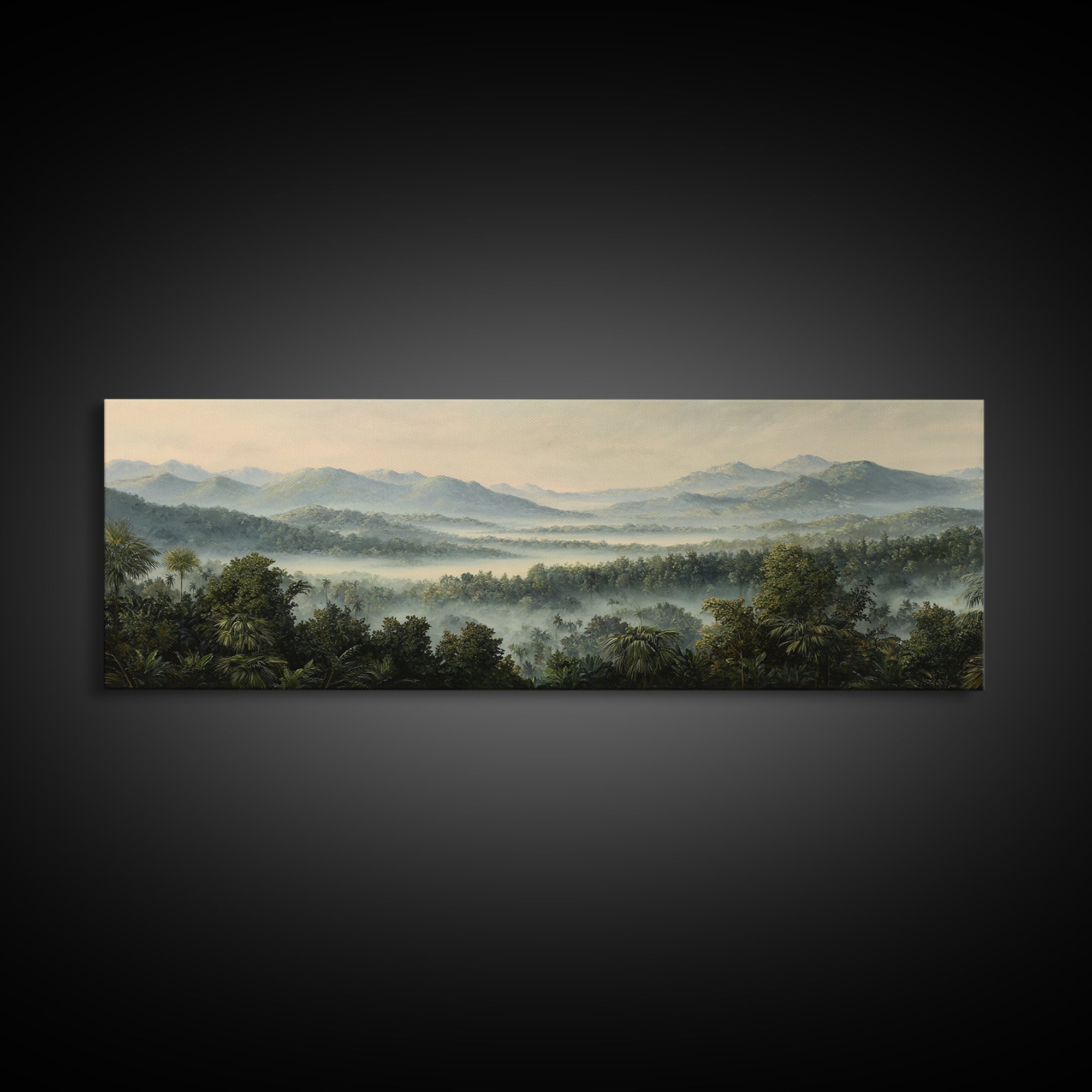Tropical Jungle Waterfall Framed Canvas Print, Landscape Art, Minimalist Decor, Living Room Decor, Oil Painting, Horizon, LAN-3x1-56