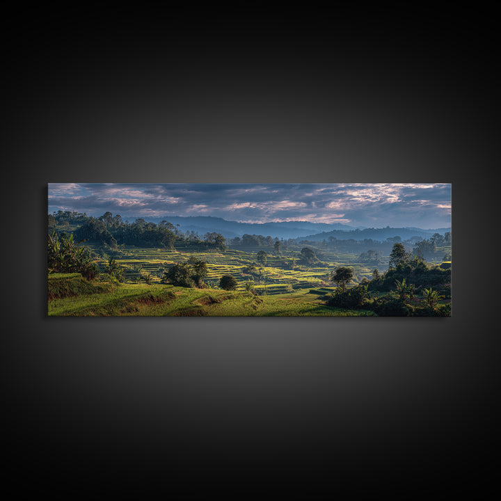 Rice Terraces Glowing Framed Canvas Print, Landscape Art, Living Room Decor, Oil Painting, Horizon, Modern Art, Gallery Decor, LAN-3x1-58