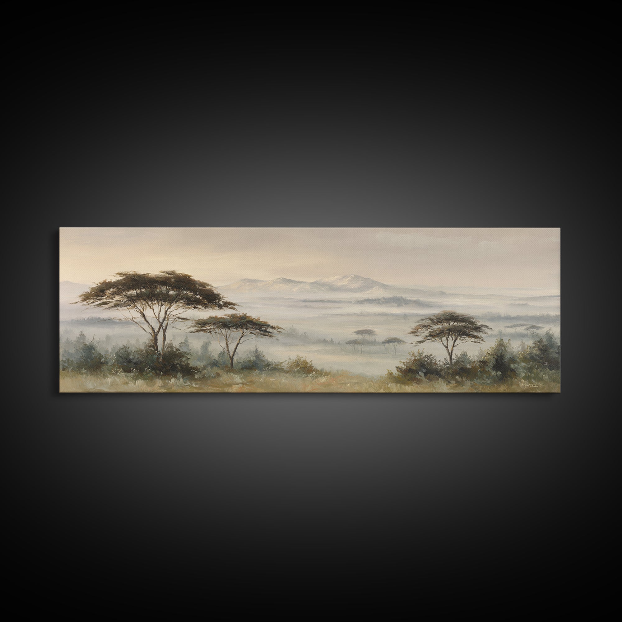 Wide Savanna with Acacia Silhouette Framed Canvas Print, Landscape Art, Digital Prints, Living Room Decor, Fine Art, Horizon, LAN-3x1-59