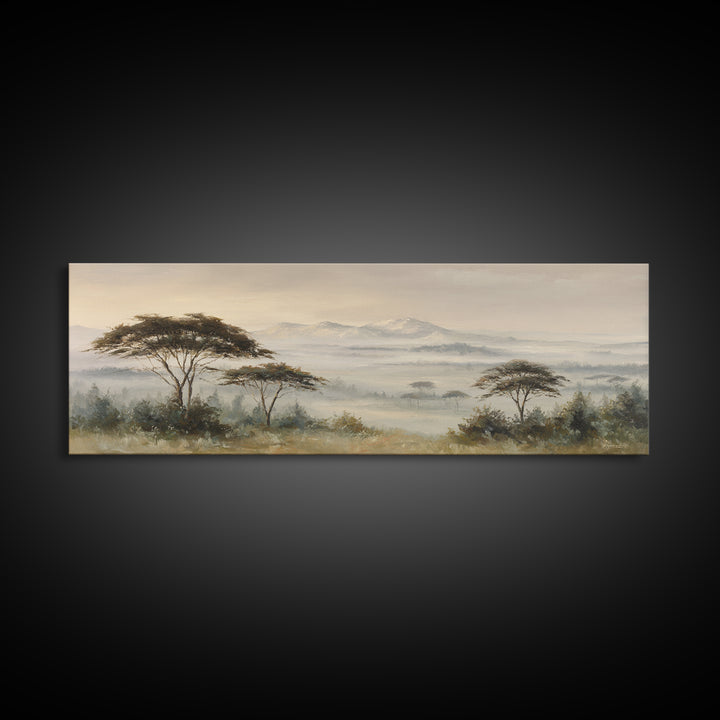 Wide Savanna with Acacia Silhouette Framed Canvas Print, Landscape Art, Digital Prints, Living Room Decor, Fine Art, Horizon, LAN-3x1-59
