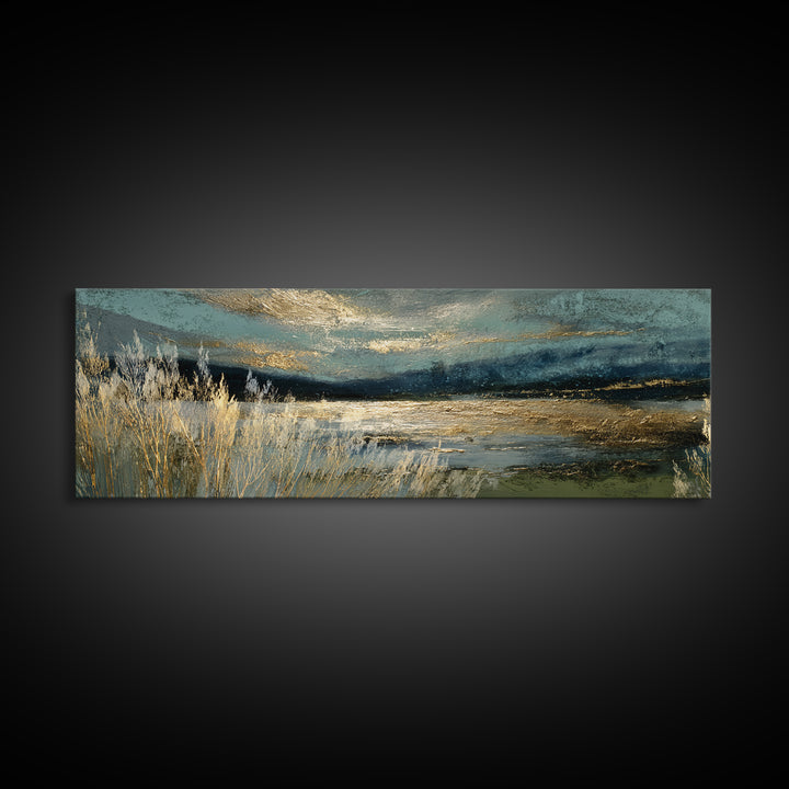 Moonlit River with Silver Reflections Canvas Print, Landscape Art, Floral Wall Art, Living Room Decor, Fine Art, Horizon, LAN-3x1-61