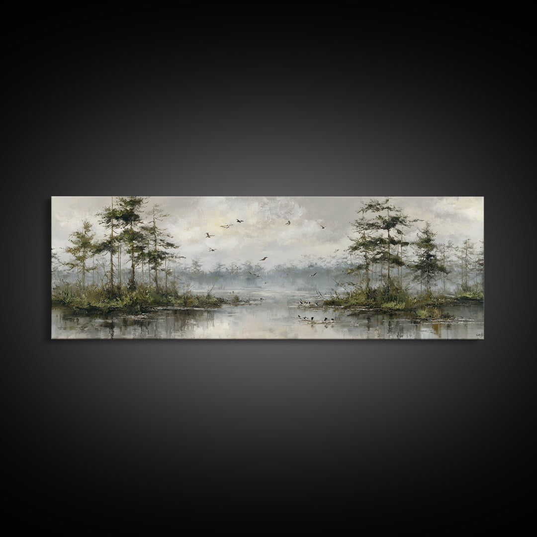 Misty Cypress Swamp Canvas Print, Landscape Art, Boho Decor, Living Room Decor, Fine Art, Horizon, Art Prints, Digital Art, LAN-3x1-62