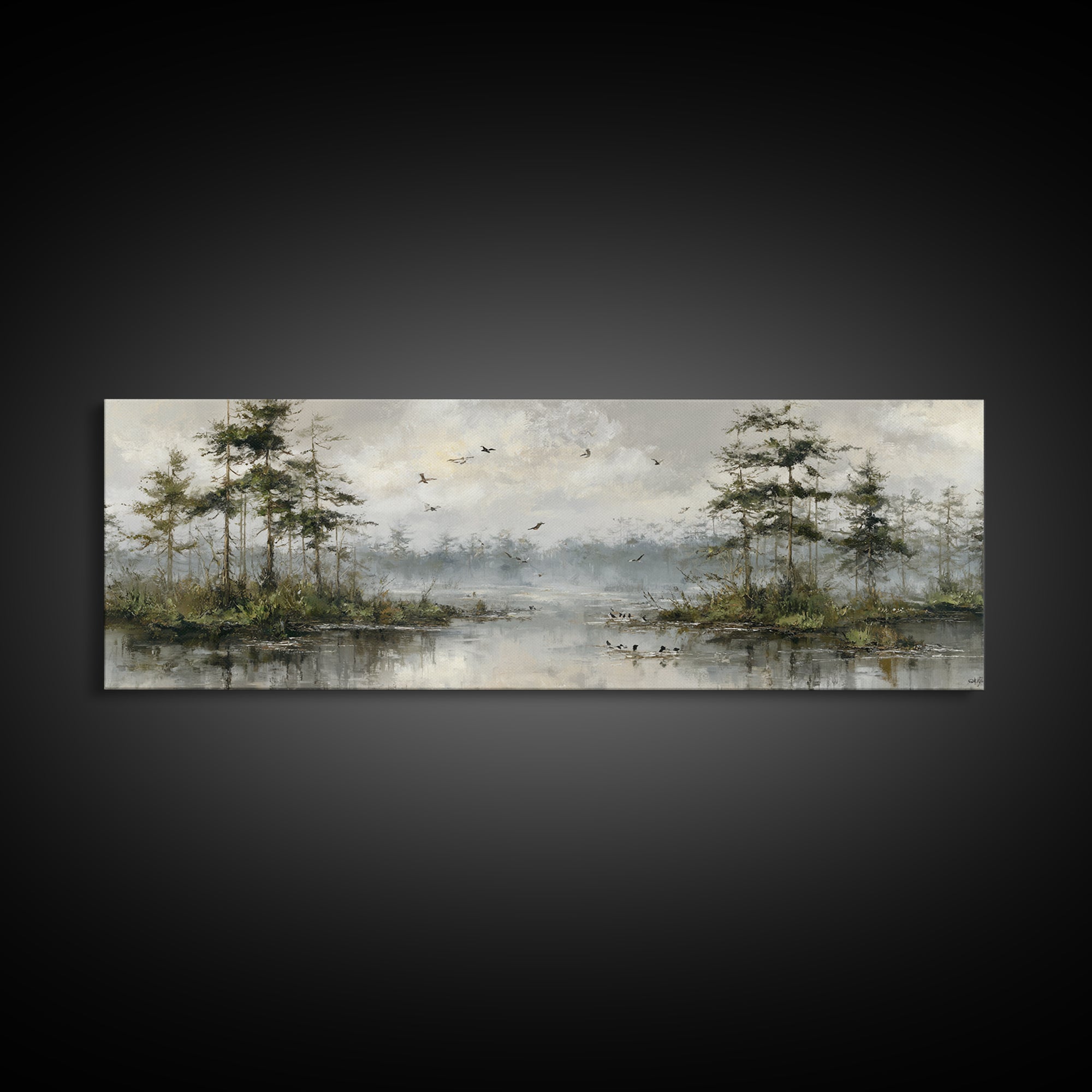 Misty Cypress Swamp Canvas Print, Landscape Art, Boho Decor, Living Room Decor, Fine Art, Horizon, Art Prints, Digital Art, LAN-3x1-62