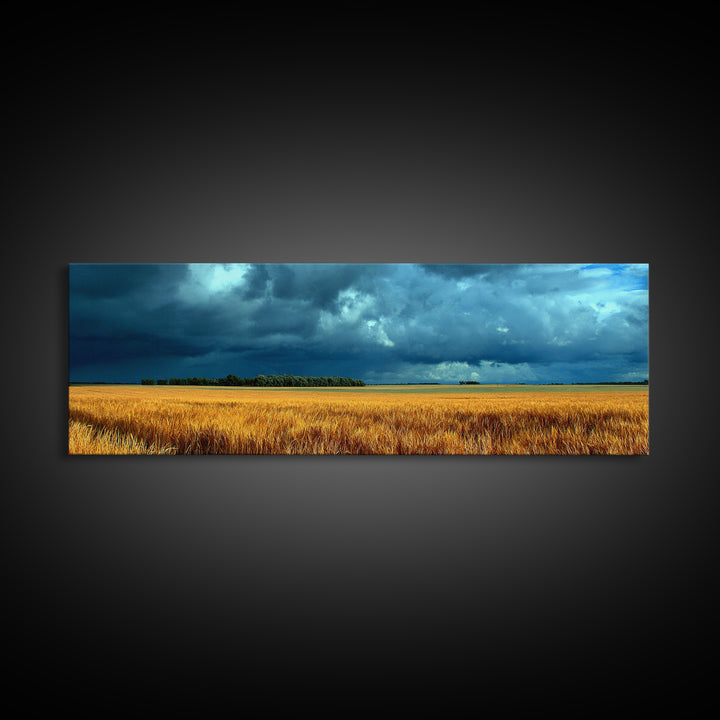 Golden Wheat Field Beneath Huge Clouds Framed Canvas Print, Landscape Art, Luxury Decor, Living Room Decor, Fine Art, Horizon, LAN-3x1-64