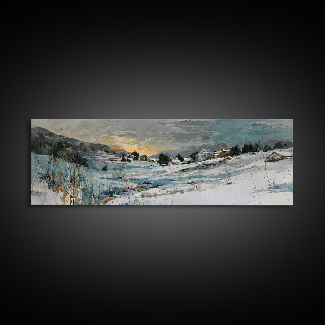 Snow Covered Alpine Village at Dusk Canvas Print, Landscape Art, Framed Wall Art, Living Room Decor, Oil Painting, Horizon, LAN-3x1-71