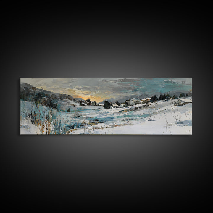 Snow Covered Alpine Village at Dusk Canvas Print, Landscape Art, Framed Wall Art, Living Room Decor, Oil Painting, Horizon, LAN-3x1-71