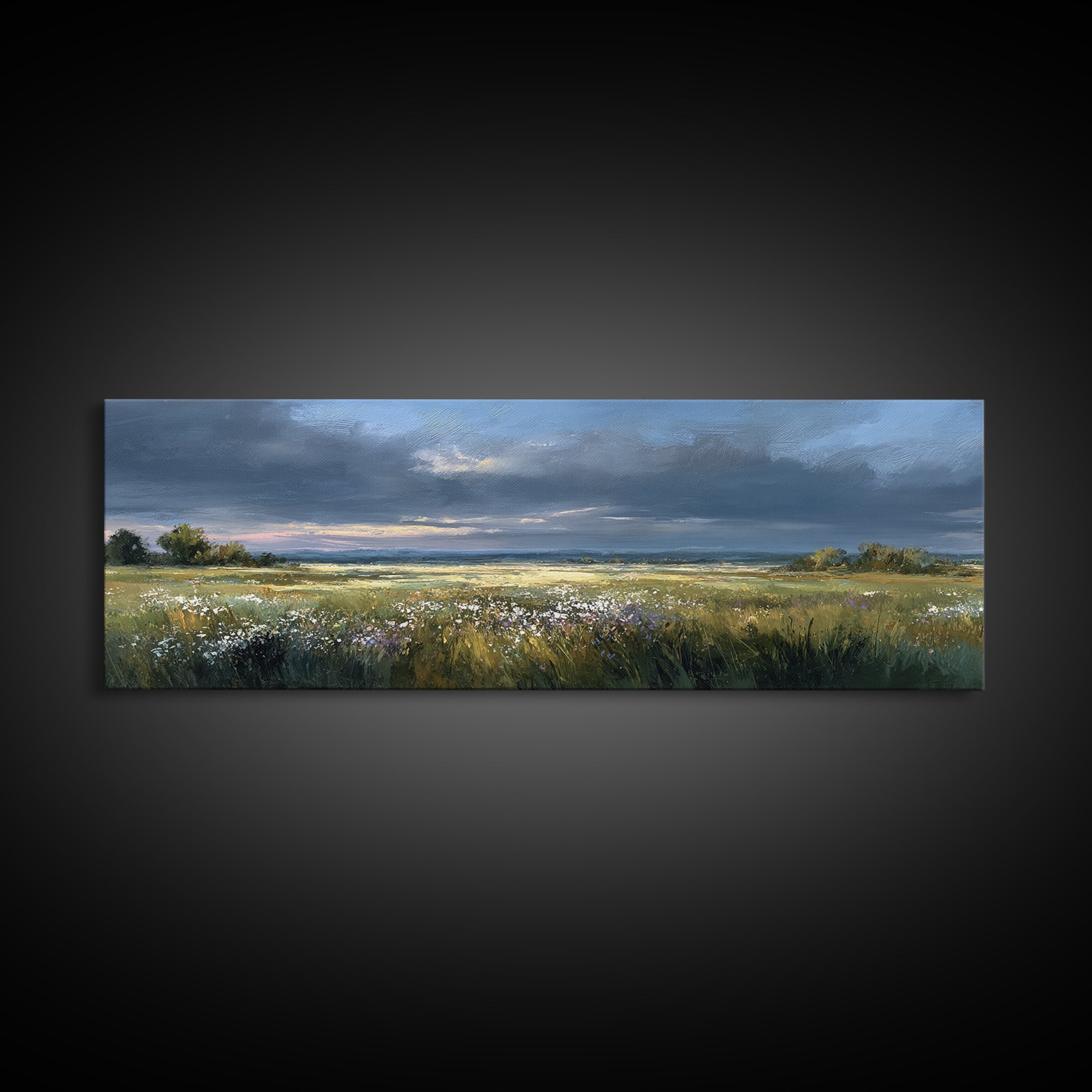 Sunlit Meadow with Wildflowers Framed Canvas Print, Landscape Art, Living Room Wall Art, Living Room Decor, Oil Painting, LAN-3x1-77