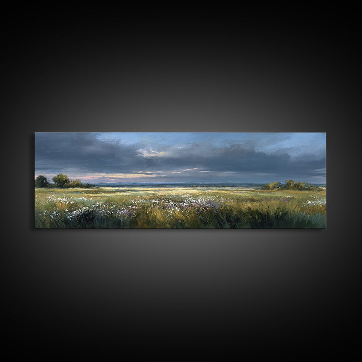 Sunlit Meadow with Wildflowers Framed Canvas Print, Landscape Art, Living Room Wall Art, Living Room Decor, Oil Painting, LAN-3x1-77